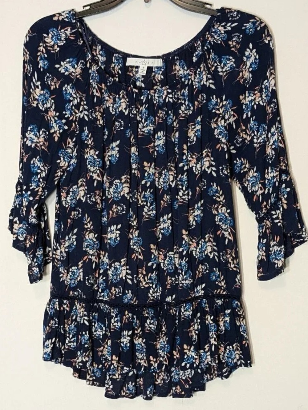 Angie Navy Floral Ruffle-Hem Tunic